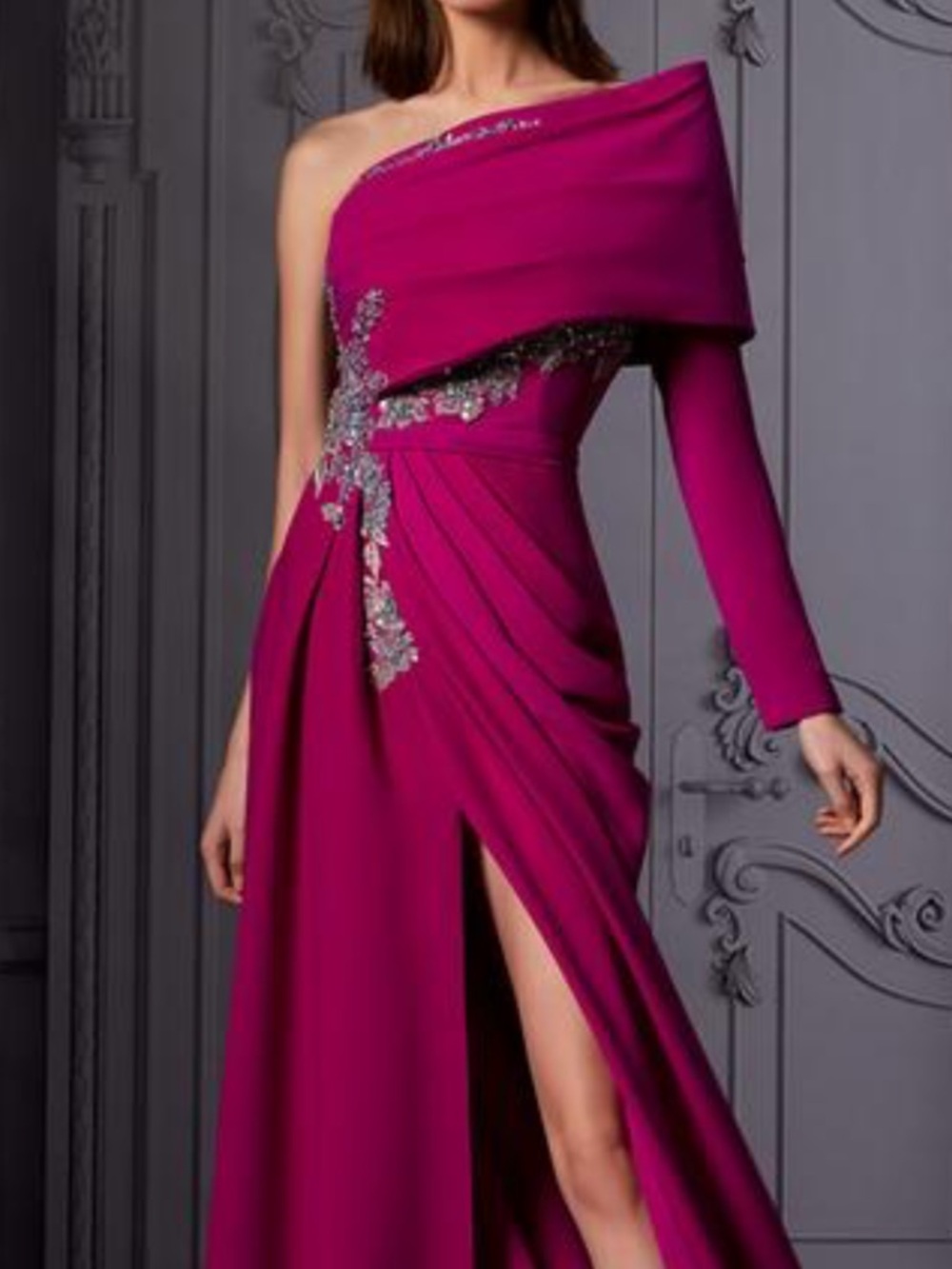 MNM Couture One-Shoulder Fuchsia Evening Gown with Silver Embellishment